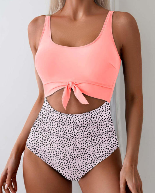 Women's Contrast Color Stitch Hollow Design Lace-Up One-Piece Swimsuit