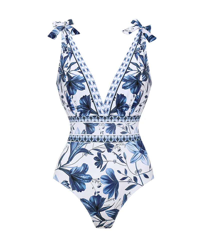 Retro Floral Colorblock Print V-Neck Lace-Up One-Piece Swimsuit and Skirt