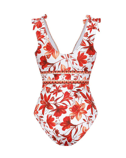 Retro Floral Colorblock Print V-Neck Lace-Up One-Piece Swimsuit and Skirt