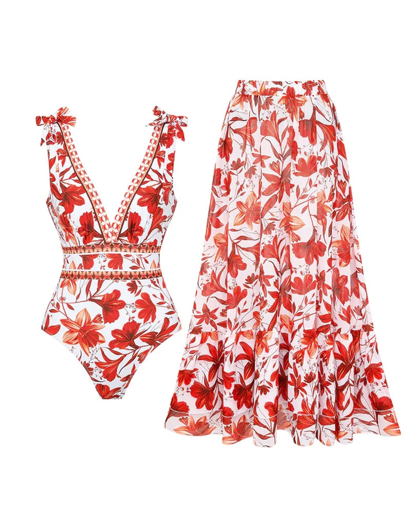 Retro Floral Colorblock Print V-Neck Lace-Up One-Piece Swimsuit and Skirt