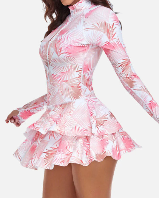 Beach Vacation Print UPF50+ Ruffled Skirt Long Sleeve One-Piece Swimsuit