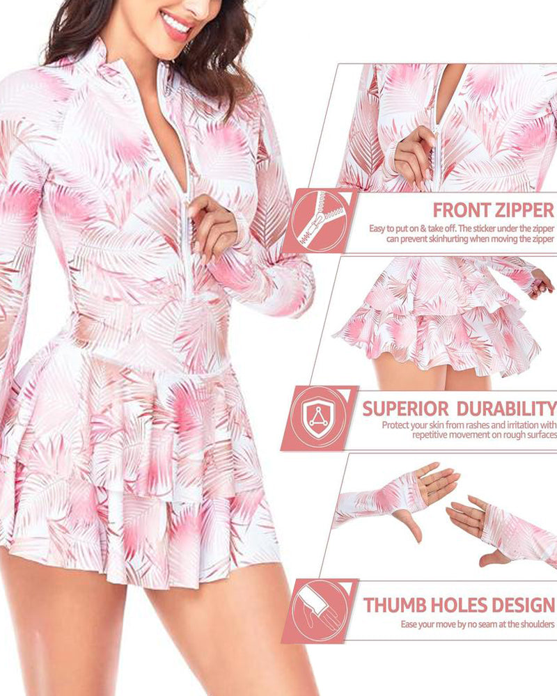 Beach Vacation Print UPF50+ Ruffled Skirt Long Sleeve One-Piece Swimsuit