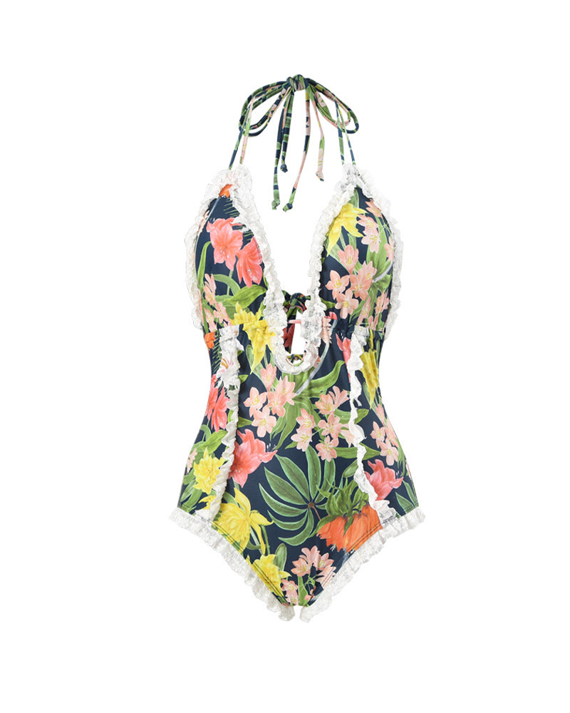 Women's Suspender V-neck Printed Lace Adjustable Back Straps Sexy One-Piece Swimsuit