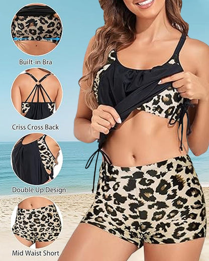 Vintage Leopard Print Adjustable Strap Swimsuit and Side Drawstring Swim Shorts Two-Piece Set