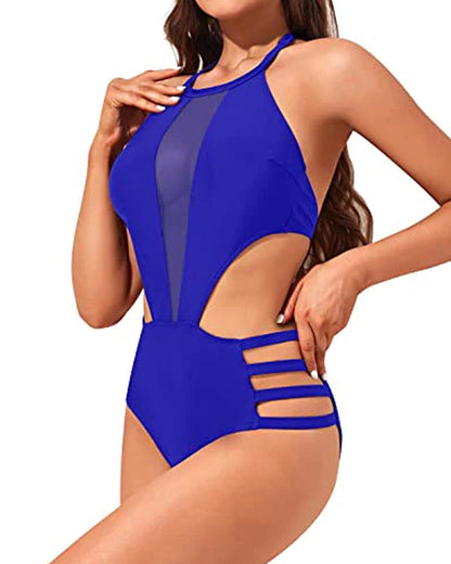 Women's Sexy Round Neck Open Back Mesh Stitching One-Piece Swimsuit