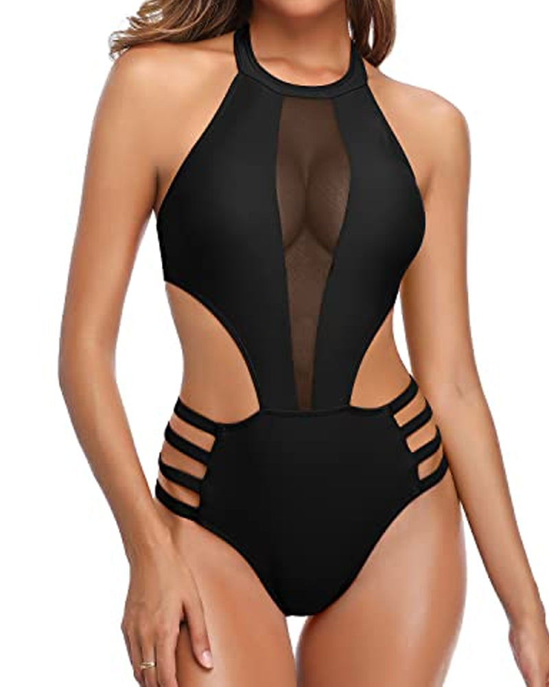 Women's Sexy Round Neck Open Back Mesh Stitching One-Piece Swimsuit