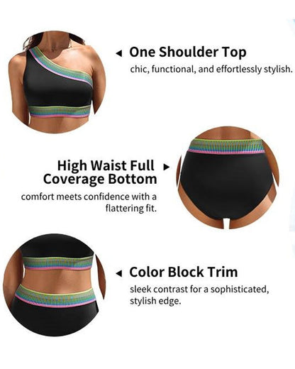 Women's One Shoulder Colorblock High Waist Bikini Set