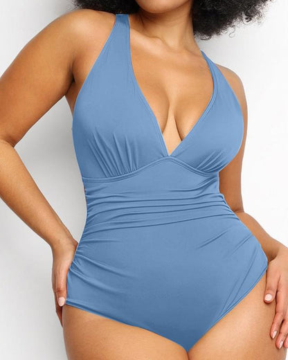 Beach Vacation Solid Color Deep V Sexy One-Piece Swimsuit