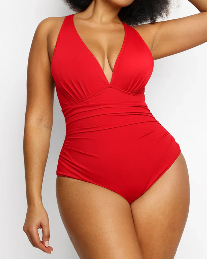 Beach Vacation Solid Color Deep V Sexy One-Piece Swimsuit