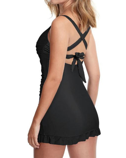 Women's V-Neck Sexy Belly-Control Backless Skirt One-Piece Swimsuit With Swimming Trunks Set