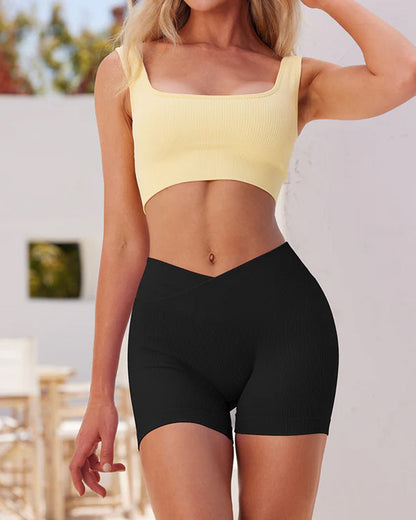 Ribbed High Waist Solid Skinny Yoga Sport Shorts