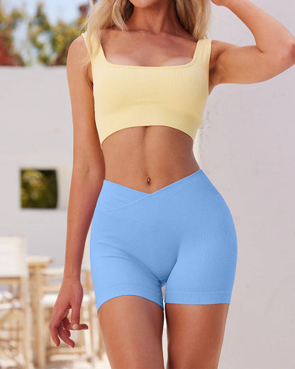 Ribbed High Waist Solid Skinny Yoga Sport Shorts