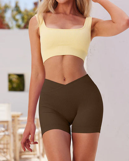 Ribbed High Waist Solid Skinny Yoga Sport Shorts