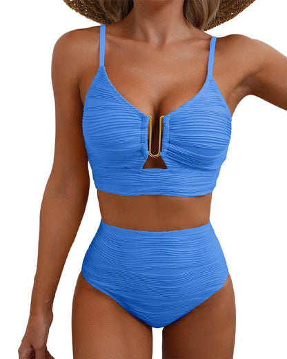 U-Shaped Underwire Hollow High Waist Textured Bikini Set