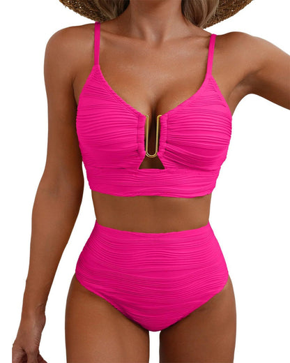 U-Shaped Underwire Hollow High Waist Textured Bikini Set
