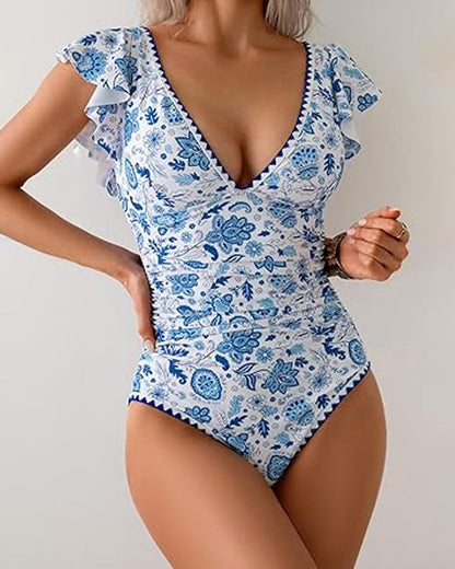 Deep V Ruffle Short-Sleeve Tummy-Controlling Printed One-Piece Swimsuit