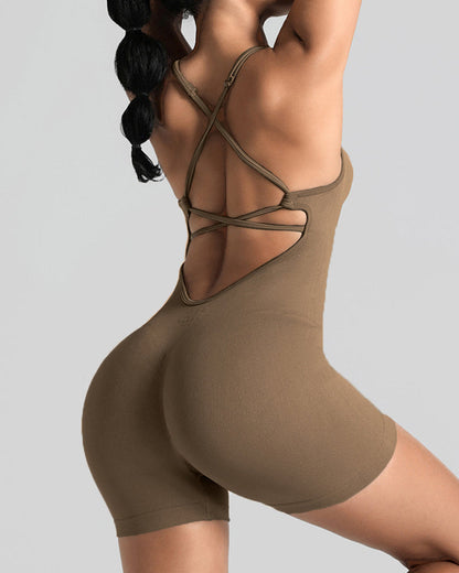 Women's Solid Color Cross Backless Adjustable Straps Sleeveless Bodycon Yoga Sports Bodysuit