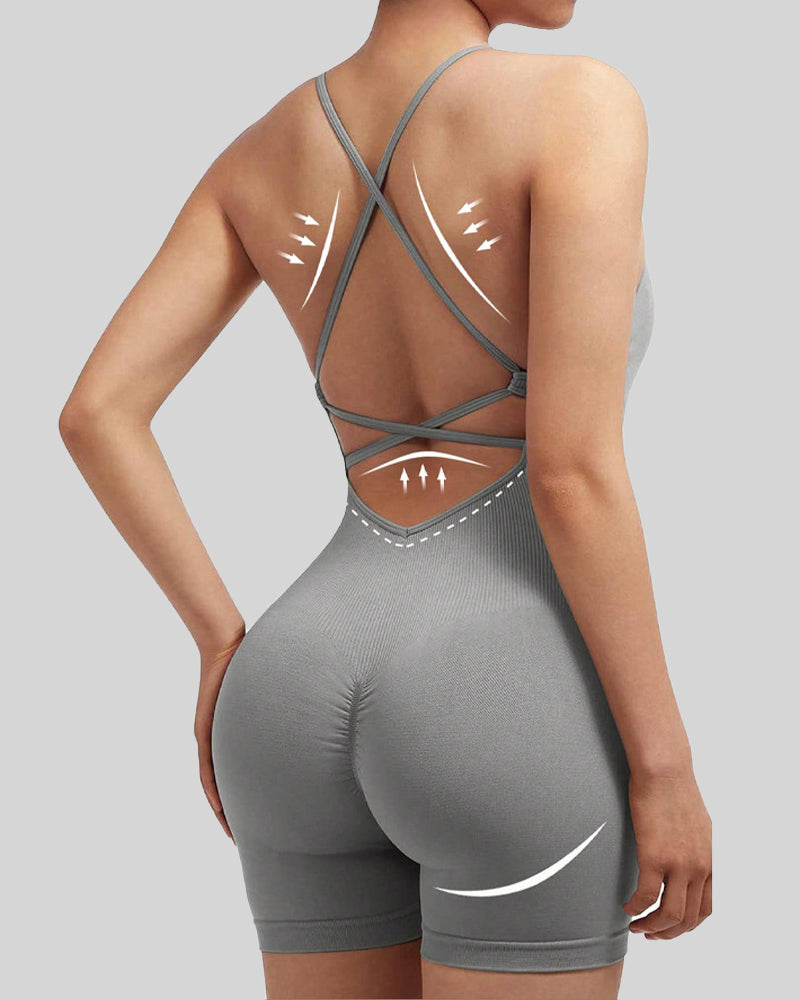 Women's Solid Color Cross Backless Adjustable Straps Sleeveless Bodycon Yoga Sports Bodysuit