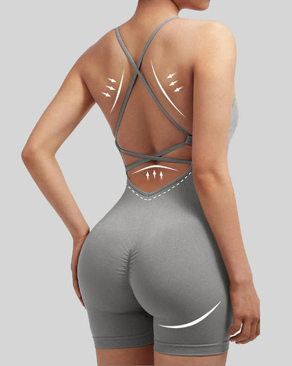 Women's Solid Color Cross Backless Adjustable Straps Sleeveless Bodycon Yoga Sports Bodysuit