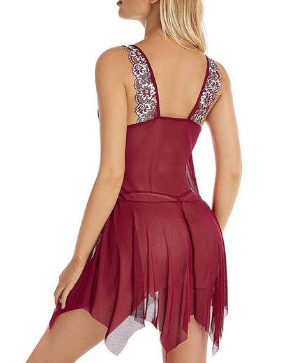 Sexy Deep V Lace Translucent Mesh Front Button Suspender Nightdress and Thong Set