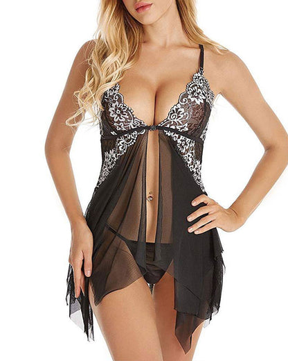 Sexy Deep V Lace Translucent Mesh Front Button Suspender Nightdress and Thong Set