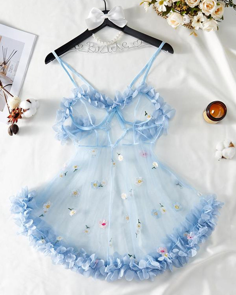 Sexy See-Through 3D Flower Lace Mesh Suspender Dress