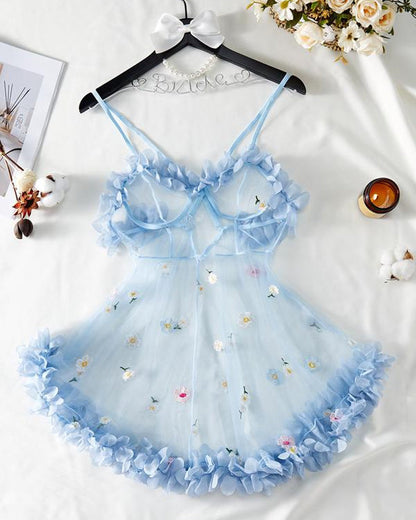 Sexy See-Through 3D Flower Lace Mesh Suspender Dress