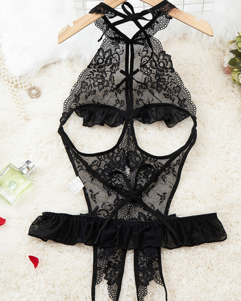 Women's Sexy Hollow Backless Transparent Floral Lace Open Crotch Design Bodysuit