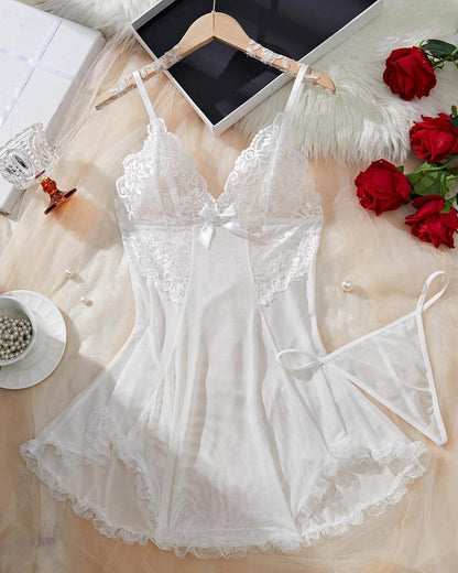 Sexy Deep V Contrast Lace Mesh Bow Decoration Suspender Nightdress (With Thong)