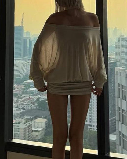 Women's Sexy Loose See-through Bat Sleeve Off-the-shoulder Long Sleeve Mini-Pleated Dress