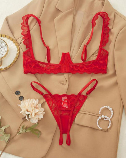 Women's Lace Sexy Underwire Spaghetti Straps Adjustable Bra and Open Crotch Design Thong Set