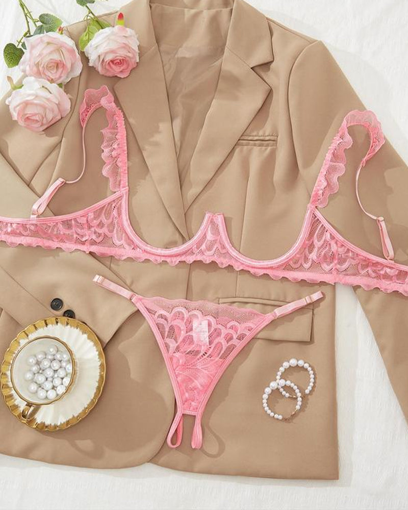 Women's Lace Sexy Underwire Spaghetti Straps Adjustable Bra and Open Crotch Design Thong Set