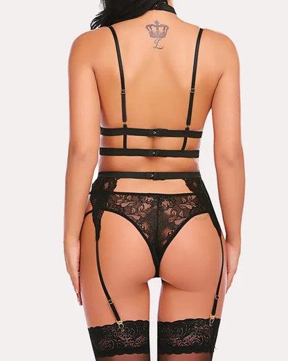 Sexy Lace Mesh Colorblock Suspender Bra and Garter Panty Set with Removable Choker