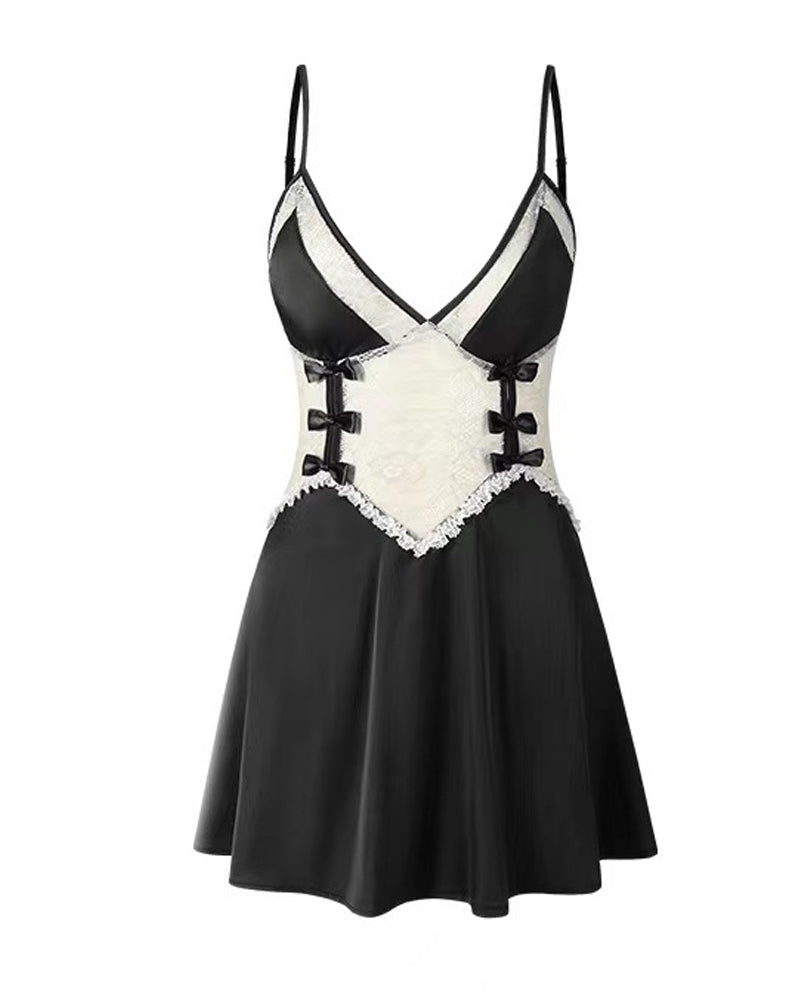 Women's V-Neck Lace Colorblock Ice Silk Bow Design Suspender Nightdress
