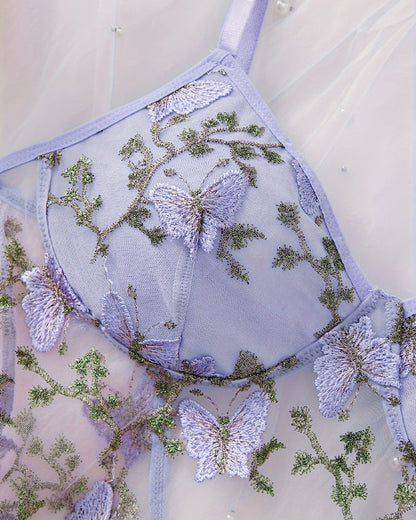 Women's Sexy Butterfly Embroidery Mesh Suspender Nightdress and Thong Set