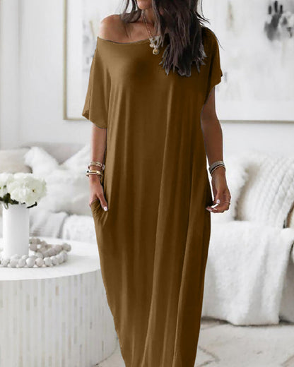 Women's Solid Color Bat Sleeve Casual Comfortable Short Sleeve Dress