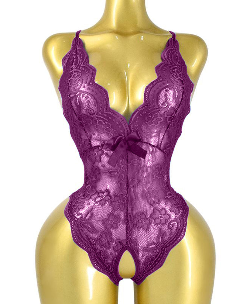 Deep V Sexy Translucent Floral Lace Cross-Back Open Crotch Design One-Piece Pajamas