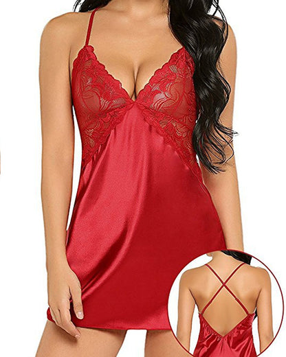 Women's Sexy Lace Satin V Neck Adjustable Straps Backless Nightdress with Thong