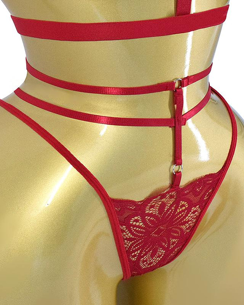 Women's Floral Lace Sexy Adjustable Strap Bra and Thong Set