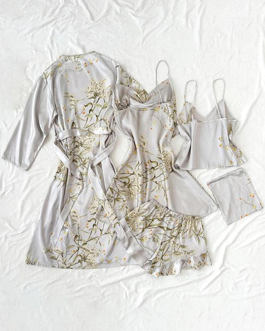 Women's Satin Printed Suspender Top Shorts Suspender Dress Nightgown Home Clothes Five-Piece Set