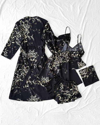 Women's Satin Printed Suspender Top Shorts Suspender Dress Nightgown Home Clothes Five-Piece Set