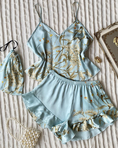 Women's Satin Printed Suspender Top Shorts Suspender Dress Nightgown Home Clothes Five-Piece Set