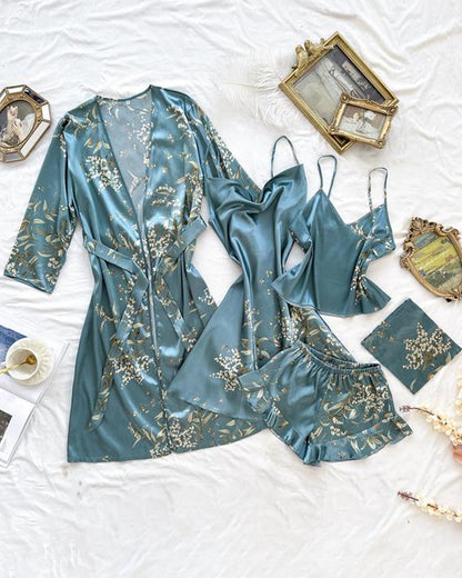 Women's Satin Printed Suspender Top Shorts Suspender Dress Nightgown Home Clothes Five-Piece Set