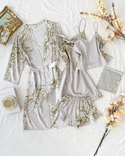 Women's Satin Printed Suspender Top Shorts Suspender Dress Nightgown Home Clothes Five-Piece Set