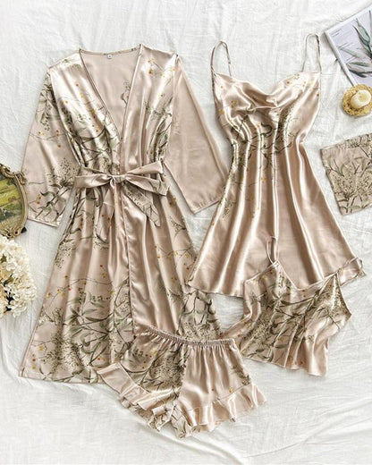Women's Satin Printed Suspender Top Shorts Suspender Dress Nightgown Home Clothes Five-Piece Set