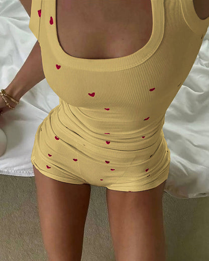 Women's Heart Pattern U Neck Tank Top and Casual Elastic Waist Shorts 2-Piece Set