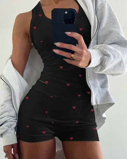 Women's Heart Pattern U Neck Tank Top and Casual Elastic Waist Shorts 2-Piece Set