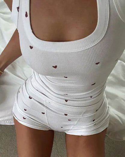 Women's Heart Pattern U Neck Tank Top and Casual Elastic Waist Shorts 2-Piece Set