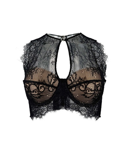 Black Sexy See-Through Lace Button Bra Top