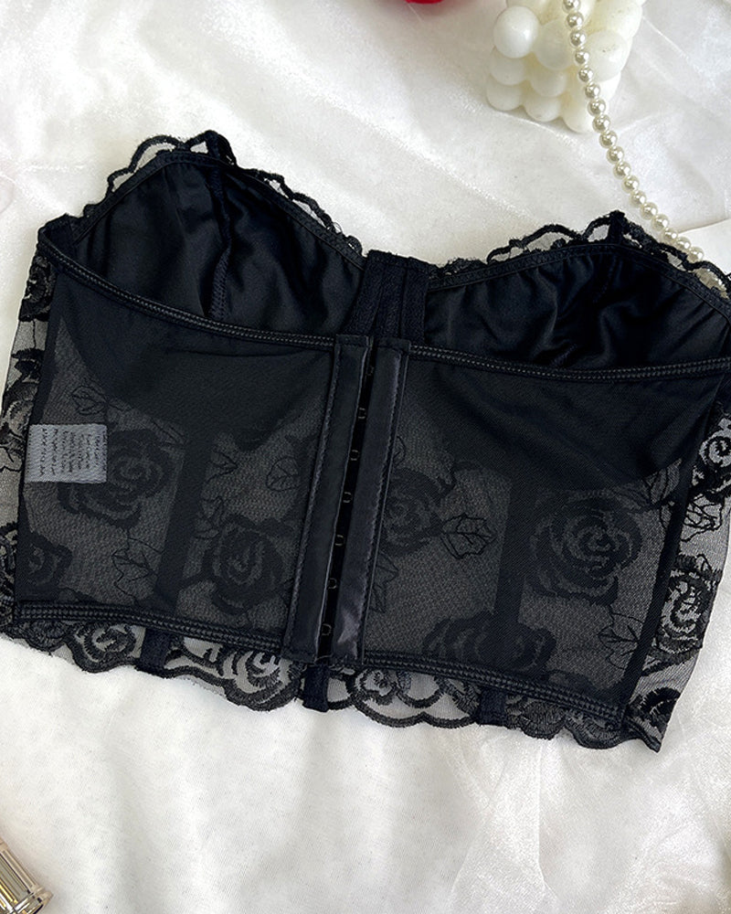 Sexy Flower Lace Mesh Herringbone Tube Top